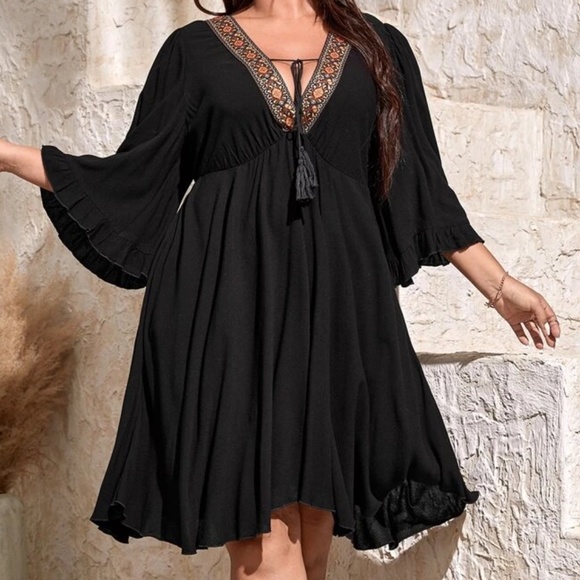 Dresses & Skirts - Plus Embroidered Butterfly Sleeve Western Dress
